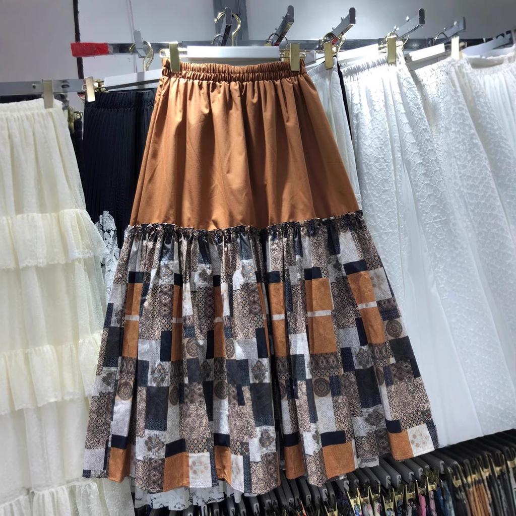 2025 весна и лето новая японская ретро юбка с контрастными цветами универсальная А-образная юбка, тонкая ретро этническая юбка средней и длинной длины