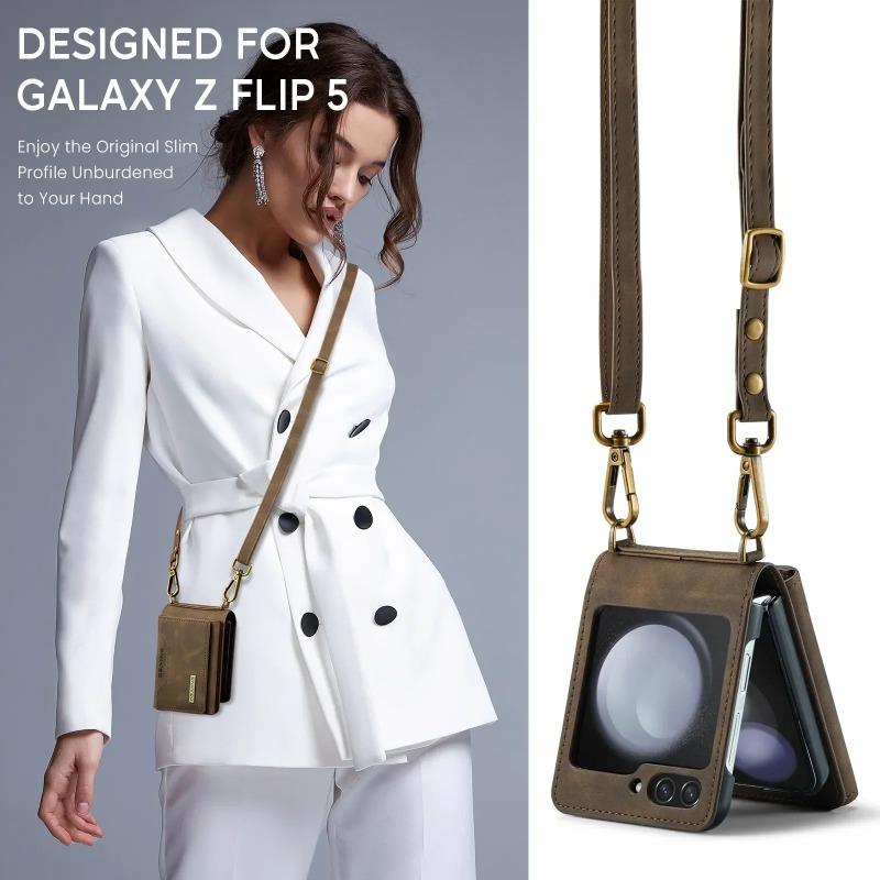 Многофункциональный кожаный чехол-кошелек для карт Samsung Z Flip 6 5 4 3 5G Crossbody Lanyard Phone Bag для Galaxy Z Flip6 Flip5 Flip4