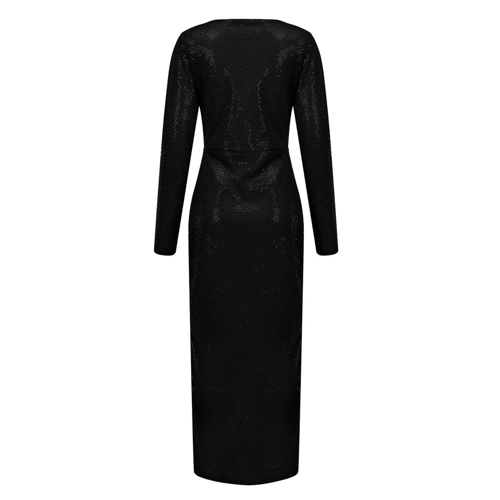 Women's Solid Color V-neck Shiny Sexy Dress Slim Long-sleeved Dress Long Dress