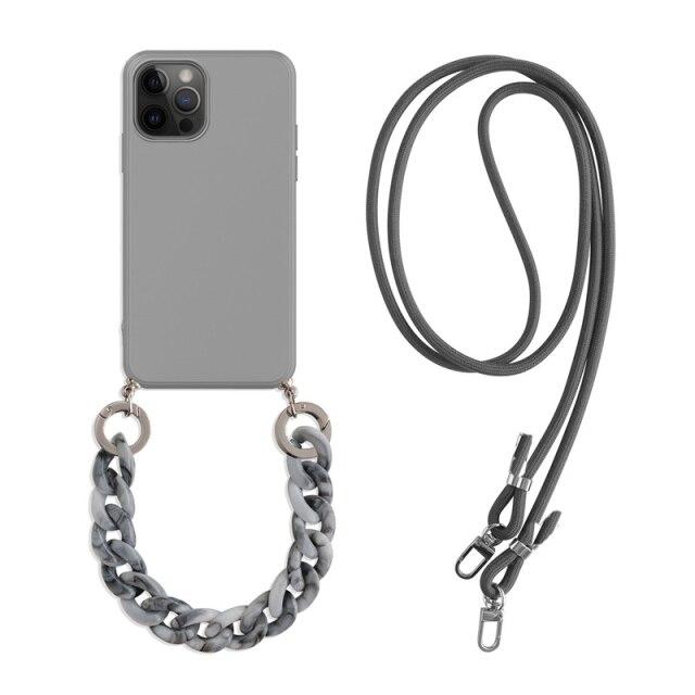 Crossbody Necklace Strap Lanyard Cord Soft Silicone Case For IPhone 16 Pro Max 15 14 13 12 Mini 11 XR X XS Max 8 Plus Marble Wristband Chain Cover