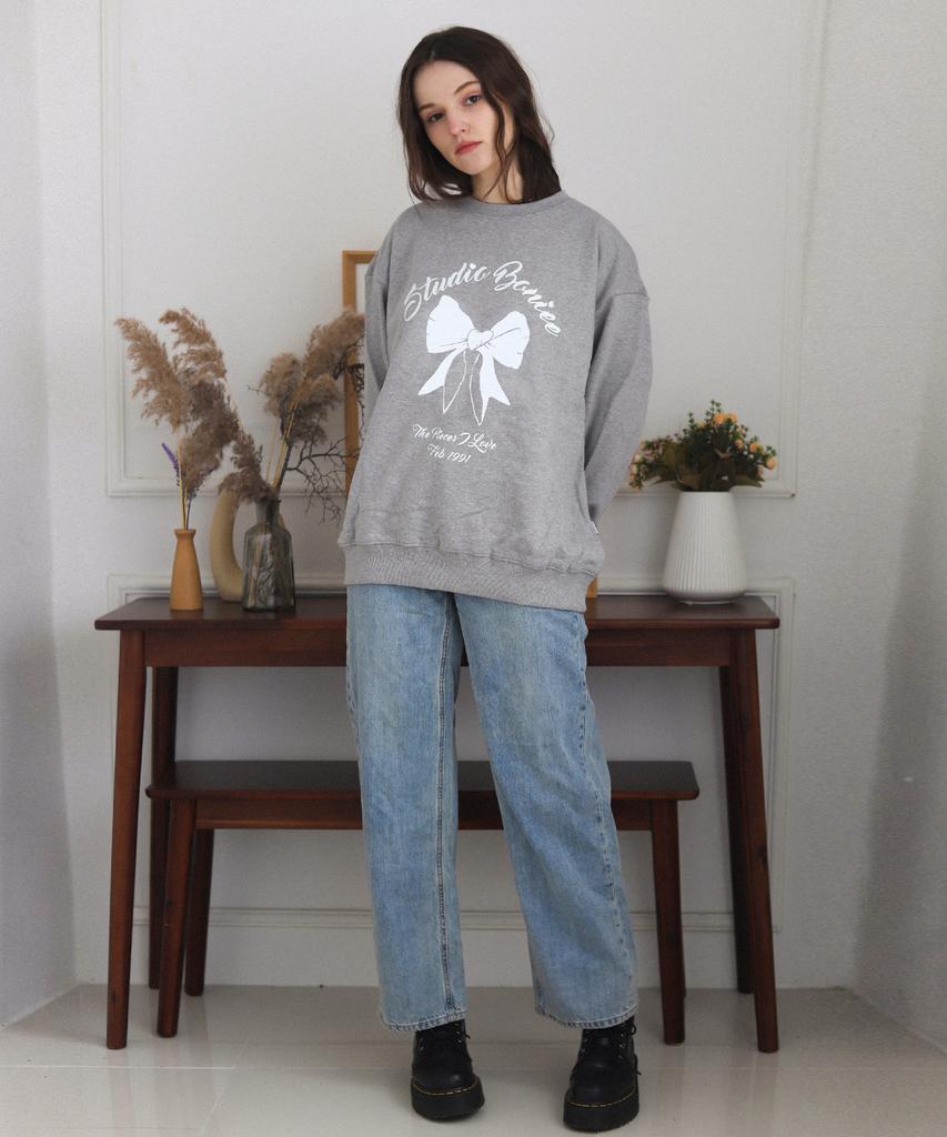 BONIEE [Fleece Lined] Ribbon Graphic Oversized Sweatshirt Gray