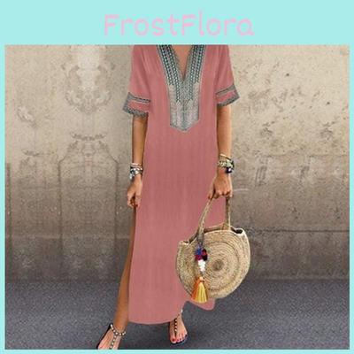 Элегантное женское платье макси с длинным рукавом и V-образным вырезом больших размеров для непринужденного летнего стиля