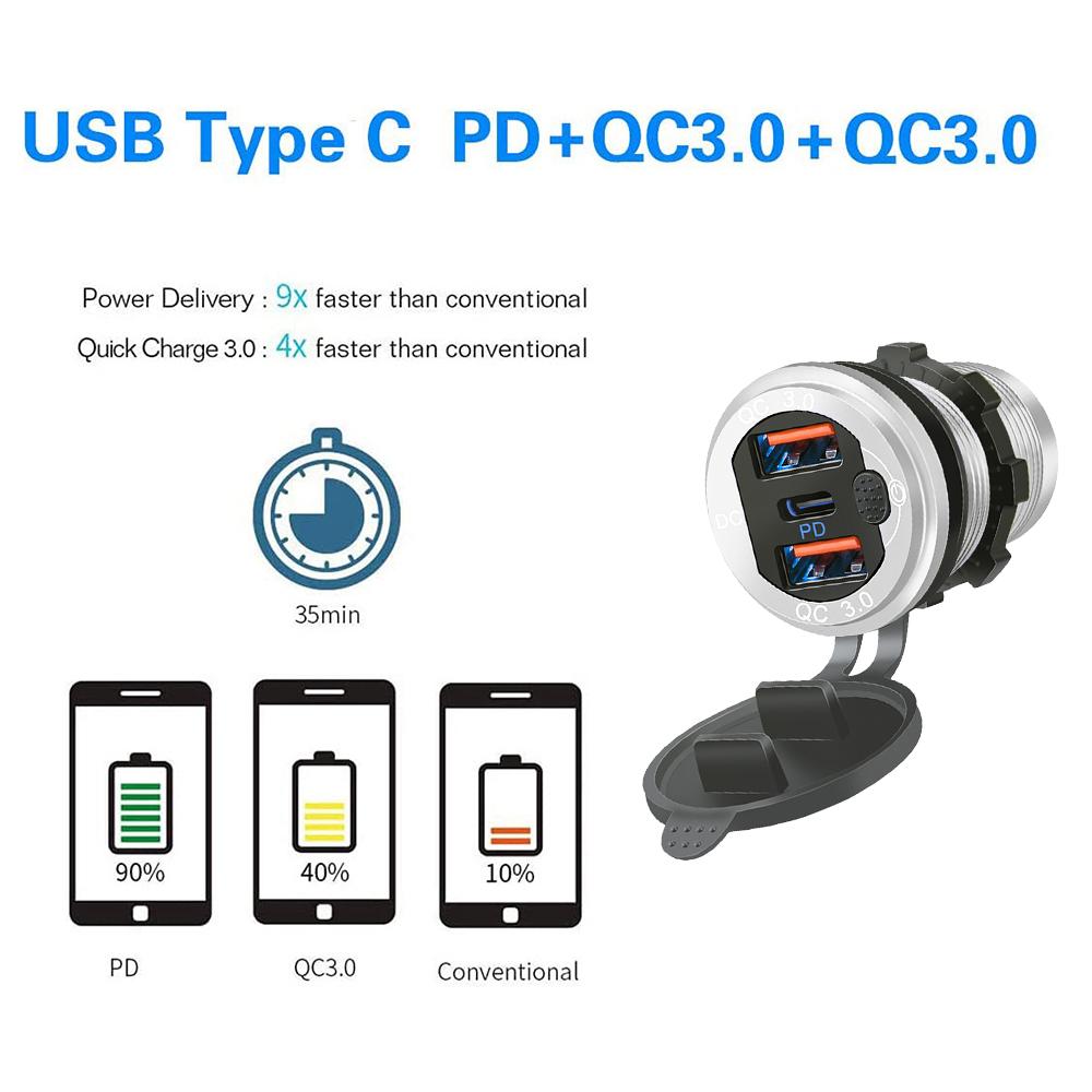 12 В/24 В USB Type-C Несколько автомобильных зарядных гнезд PD3.0 и порты QC3.0 Водонепроницаемый с сенсорным переключателем Быстрая зарядка Автомобильный мото-адаптер