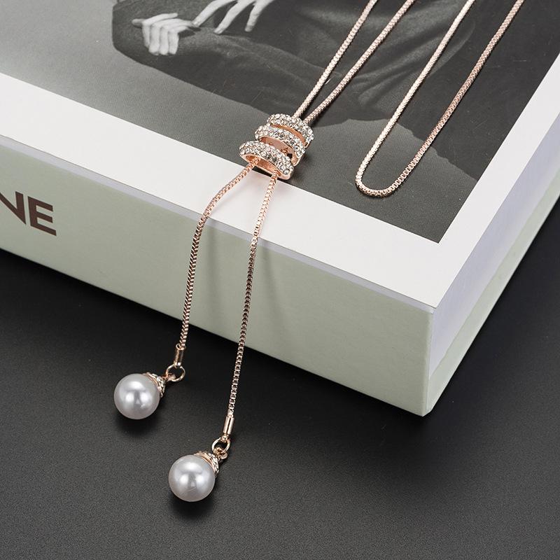 Pearl Crystal Long Sweater Chain Circles Necklace Vintage Accessary Crystal Collares Jewlery
