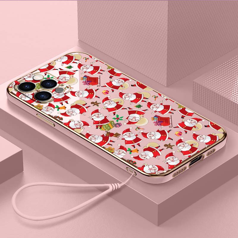 Luxury Plated TPU Phone Case With Lanyard for iPhone 6 6s 7 8 Plus SE XR XS 11 12 13 14 15 Pro Max Soft Cases A23 Santa Claus Happy New Year Cover