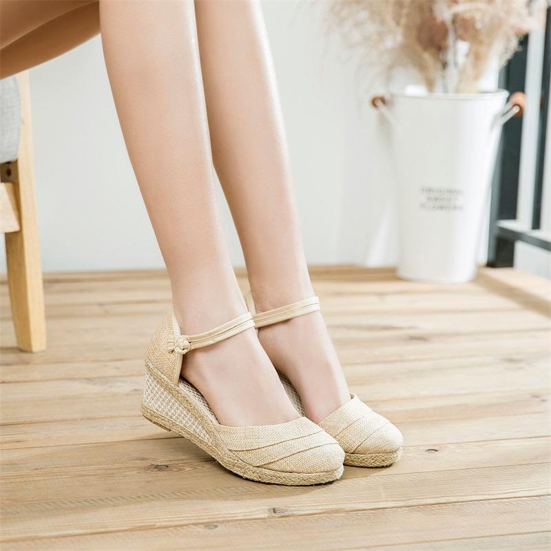 Женские эспадрильи на танкетке из льна с ремешком на щиколотке, дышащая, легкая летняя обувь, женские римские модные сандалии, размер 34