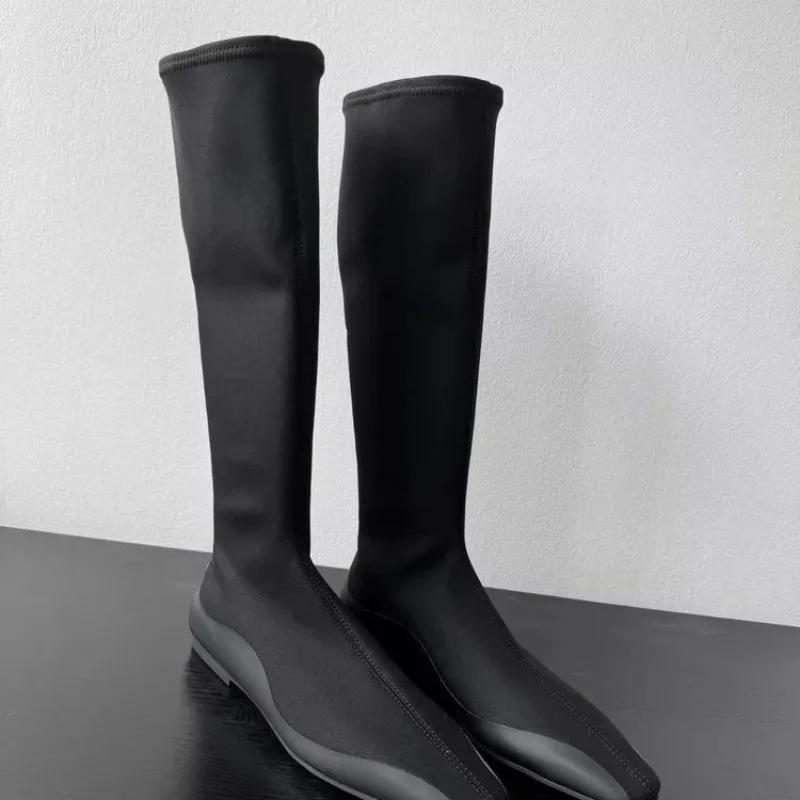 Распродажа женской обуви 2024 года, женские сапоги с новым рукавом, зимние замшевые однотонные высокие сапоги с квадратным носком, эластичные сапоги на плоской подошве Zapatillas Mujer