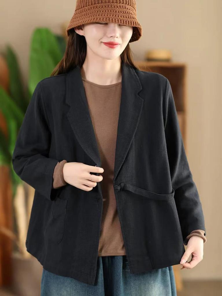 Johnature Woman Autumn Casual Solid Color Loose Long Sleeves Coat Splicing V-Neck Chinese Style Vintage Coat