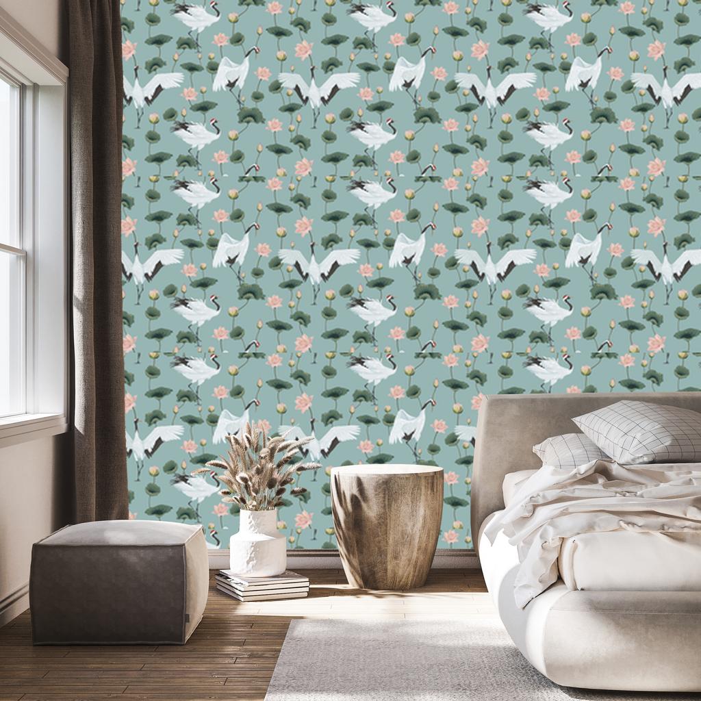 Beautiful Cranes and Flowers Wallpaper for Living Room and Bedroom 50x1000