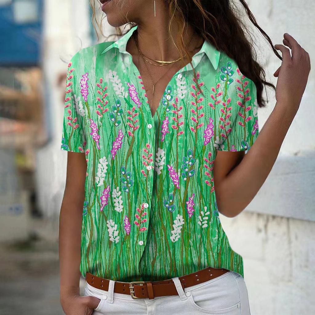 2025 Summer New Fashion Women's Plant Printed Short Sleeve V-neck Casual Button-down Shirt Top