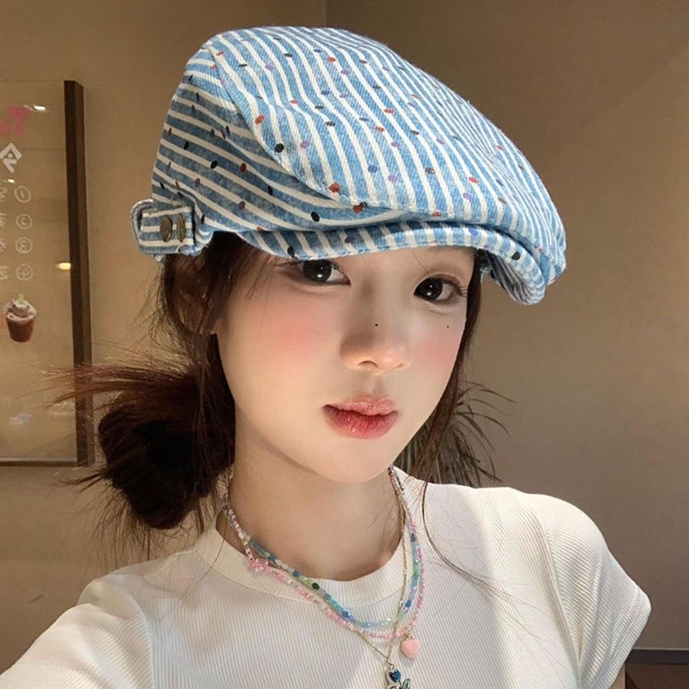Vintage Stripped Berets Korean Painter Cap Fashion Polka Dot Beret  Women