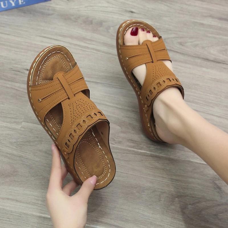 Summer New Fashionable Round Toe Open Toe Women's Sandals Thick Sole Wedge Heel Comfortable Casual Women's Slippers
