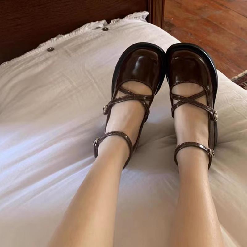 Модные туфли-лодочки с перекрестными ремешками на толстом каблуке для женщин 2024 года, новые черные коричневые туфли Мэри Джейн на высоком каблуке, женские туфли с круглым носком в студенческом стиле Zapato Mujer