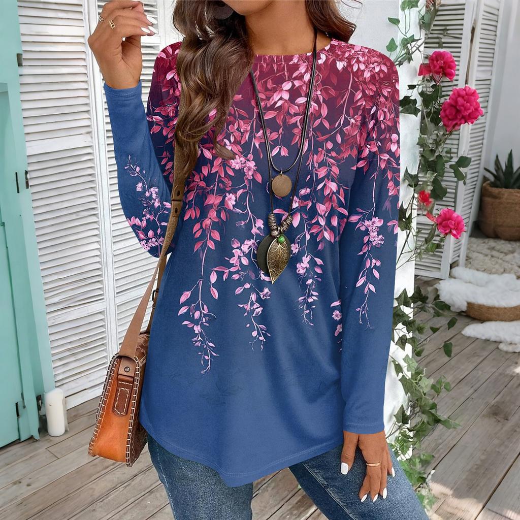 Women's Casual Plus SizeLong Sleeved Round Neck Vintage Ethnic Printing T-shirt Top Pullover
