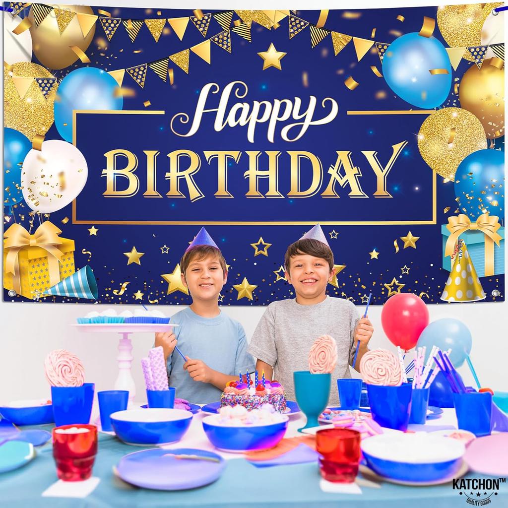 KatchOn, XtraLarge Gold and Blue Happy Birthday Banner - 72x44 Inch | Blue and Gold Birthday Backdrop for Happy Birthday Decorations | Party