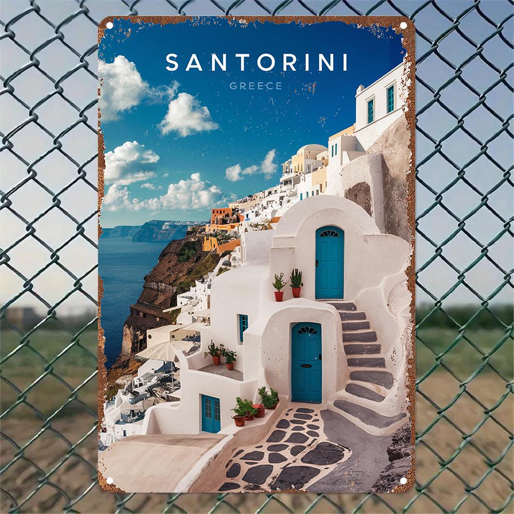 DORA Tin Sign Room Decor Vintage Aluminum Wall Art Sign Santorini Greece Scenic Print Durable Easy To Hang Decor for Bedroom Kitchen