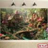 2D plane, 1 piece of magical forest fairy tale background wall, with illuminated elf houses and magical cabins scenesDJH