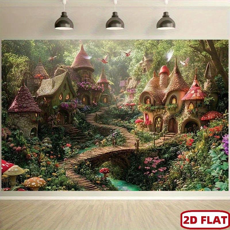 2D plane, 1 piece of magical forest fairy tale background wall, with illuminated elf houses and magical cabins scenesDJH