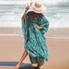 Plus Size Boho Cover Up, Women's Plus Painting Print Bat Sleeve V Neck Split Hem Maxi Cover Up Dress
