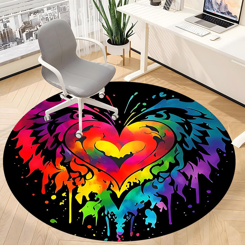 1PC Heart Rainbow Office Round Area Rug,  Mat Suitable ForOffice, Under Office Chairs Bedroom Living Room Home Decor, Room Deco