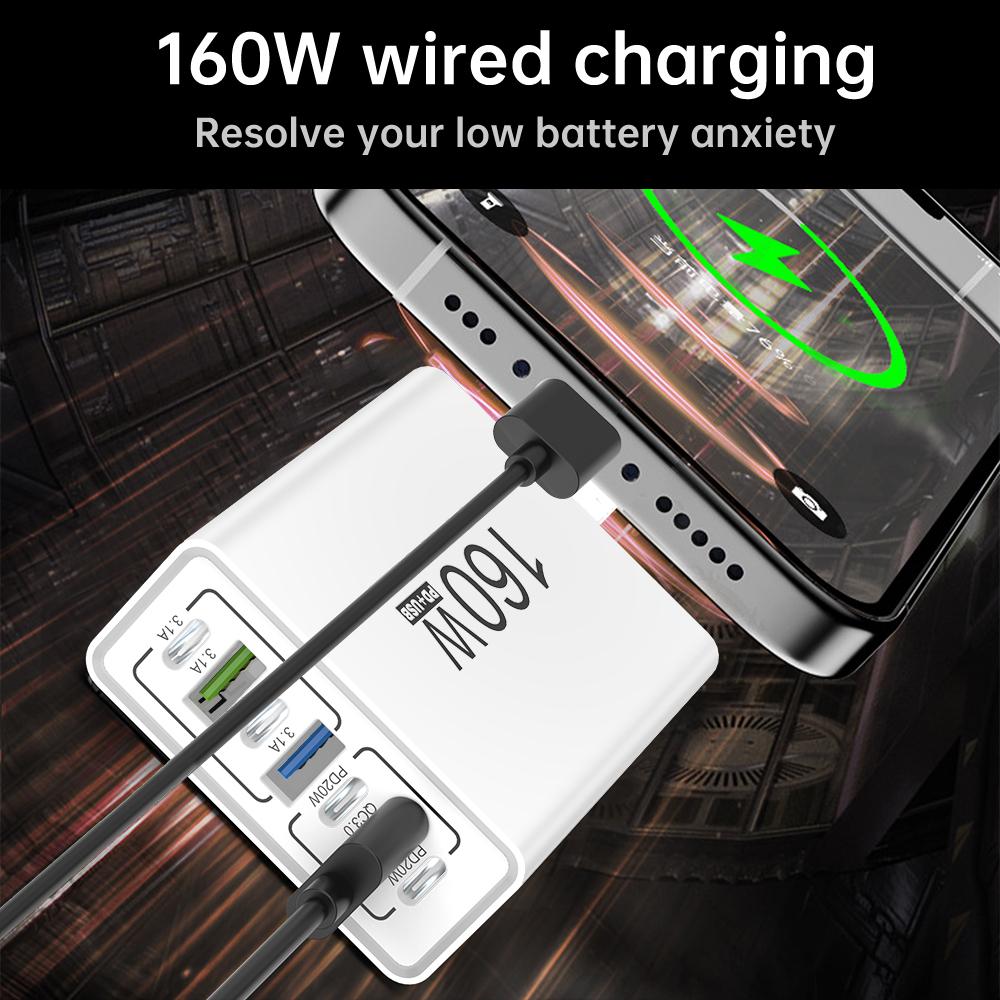7 in 1 160W Charging Station USB Charger Power Strip PD/Type-C Ports Charger Adapter For Xiaomi 17 15 iPhone Samsung USB-C EU/US