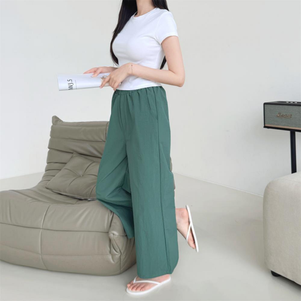New Arrivals Open Run Women Semi Wide Banding Pants Solid Color
