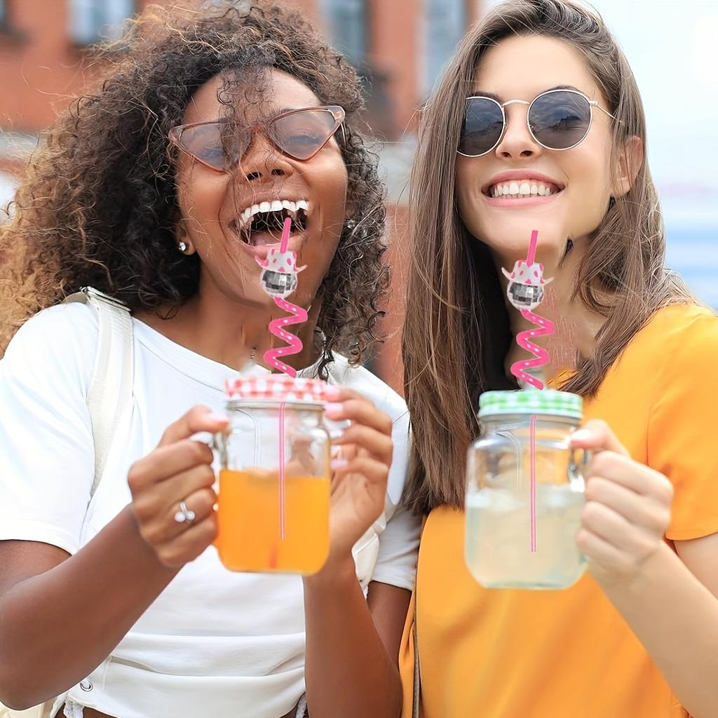 10/20pcs Reusable Disco Straws with Pink Cowboy Toppers Drinking Straw Set for Themed Events Anniversary Party Decor Supplies