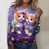 Топы на весну и осень, очаровательная футболка с круглым вырезом и длинным рукавом с принтом кота, осенний повседневный тонкий пуловер, женский топ с длинным рукавом