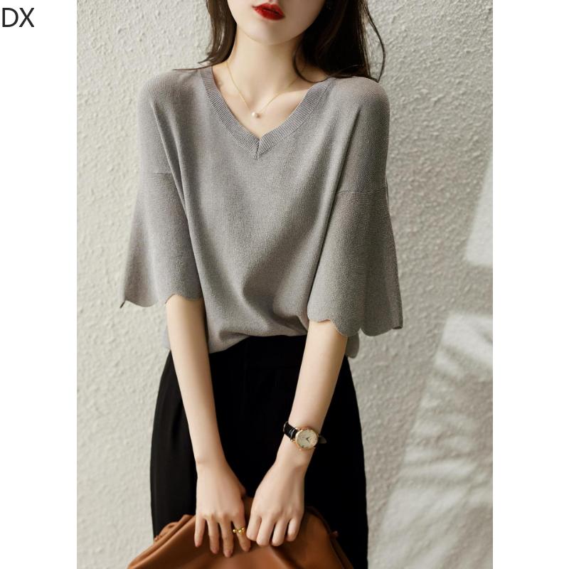 DX-Micro расклешенный топ с лепестковыми рукавами и v-образным вырезом, женская летняя вязаная футболка, свободный свитер из ледяного шелка с короткими рукавами, тонкая женская рубашка в иностранном стиле