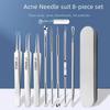 Набор для удаления прыщей из нержавеющей стали включает в себя иглу для удаления черных точек, кисть для очищения пор, маску, ножницы для бровей