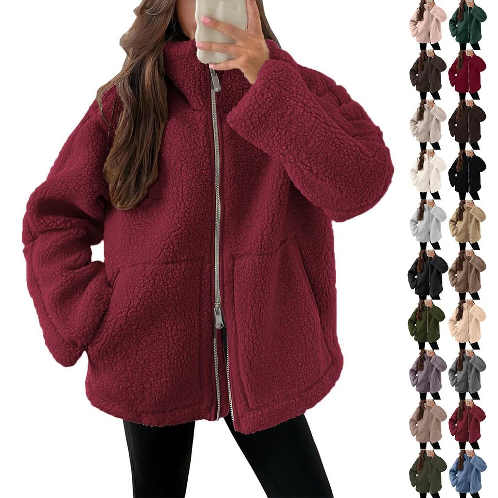 Женская плюшевая куртка, повседневная, с длинным рукавом, большого размера, теплая, с двойной молнией, зимняя, плюшевая куртка