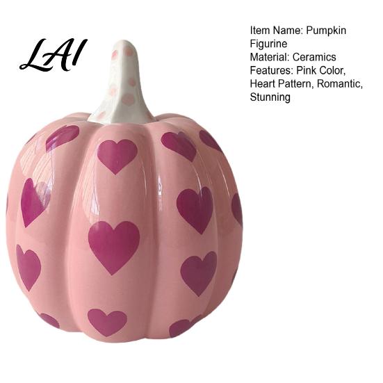 Seasonal Interior Decorations Pink Ceramic Pumpkin with Heart Pattern Artificial Figurine Decor Fall Tabletop Ornaments for Harvest Thanksgiving