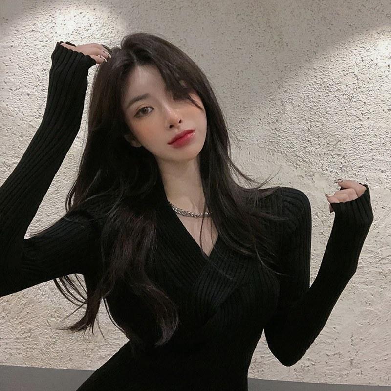 Женский вязаный нижний свитер Весна Осень V-образным вырезом сплошной цвет с длинным рукавом Дизайн Крест