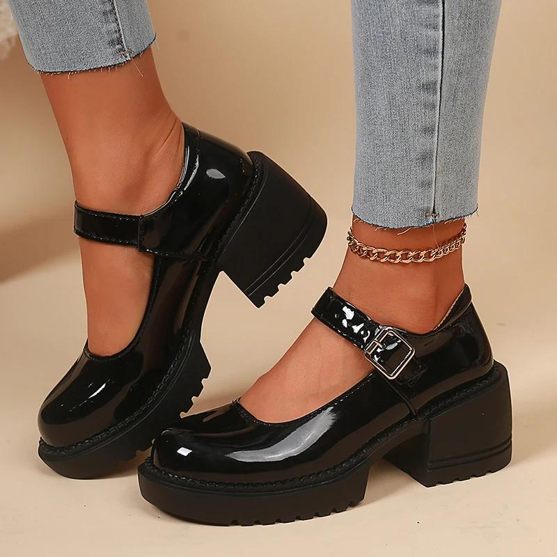 Модные туфли-лодочки из лакированной кожи на высоком каблуке, Мэри Джейн для женщин, модные туфли на платформе с ремешком и пряжкой, женские туфли в японском стиле на толстом каблуке, обувь Лолиты