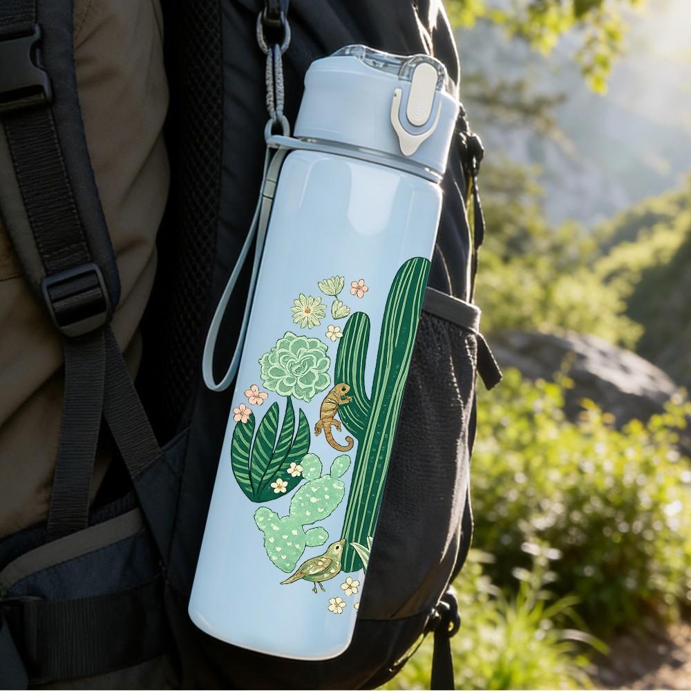 1PC Desert Cactus Plant Art Print 750ml Color Plastic Sports Water Bottle Leakproof Flip Straw Lid Suitable for Sports Office Home Use