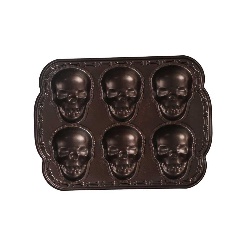 Bakeware Metal Halloween Skull Cake Pan 6 Grids Bronze Color Skull Baking Cake Mold Stereoscopic 3D Baking Pan Pancake