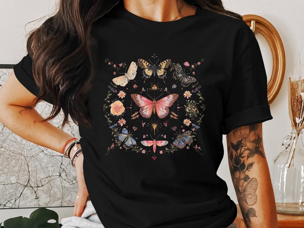 Butterfly T-Shirts, Cottagecore Insect Art, Floral Nature Tee, Whimsical Moth Shirt, Garden Lover Gift, Unique Design T-Shirts