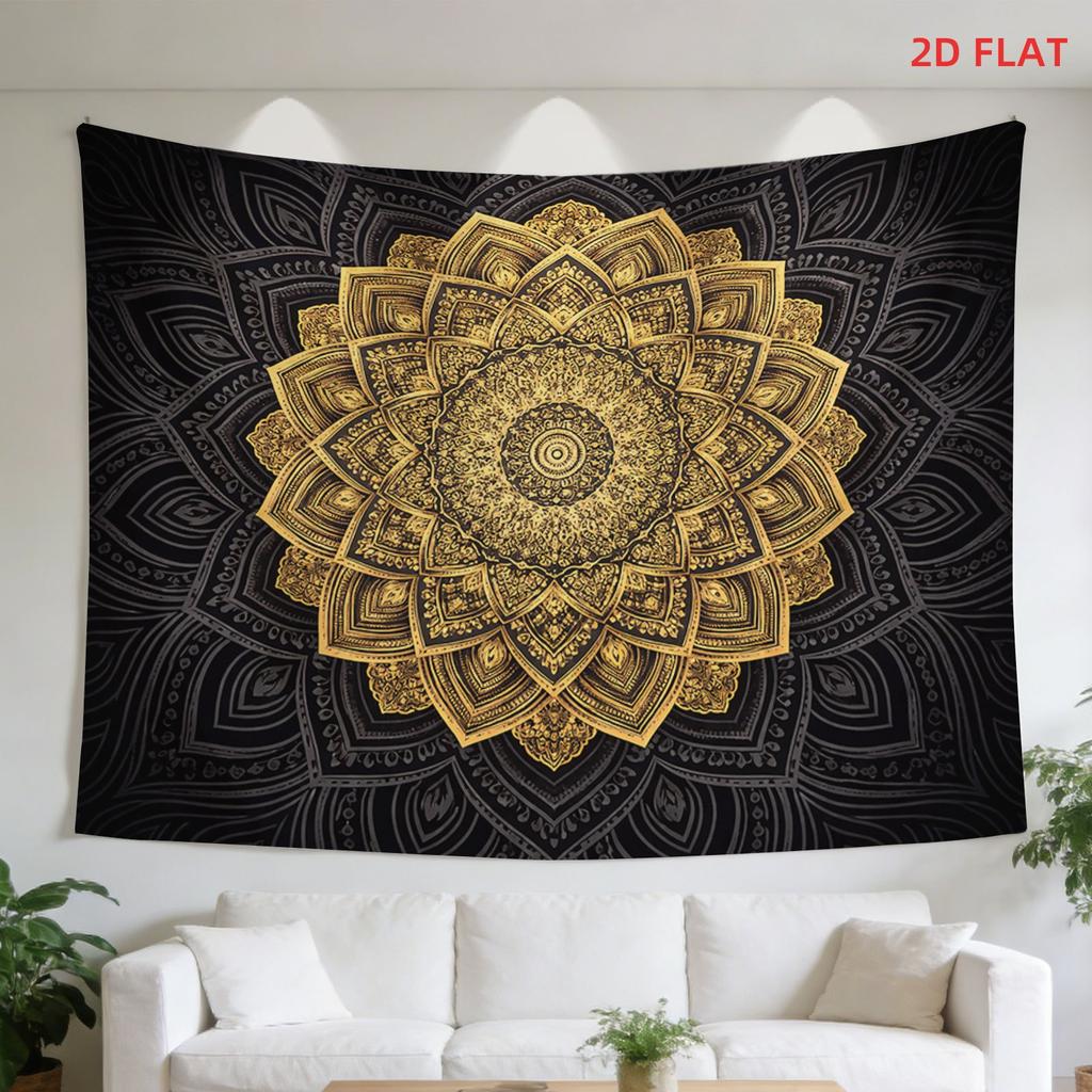 Large Boho Mandala Tapestry Wall Hanging Golden Ethnic Decor Indian Style Yoga Spiritual Bohemian Black Background Art Print