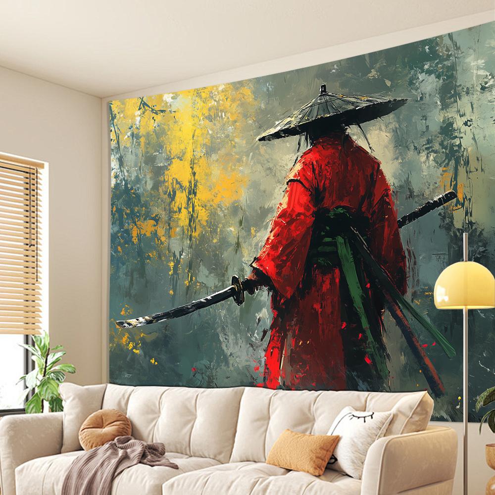 1pc red samurai warrior tapestry, 3D wall hanging retro style living room bedroom office, perfect gift for party decoration