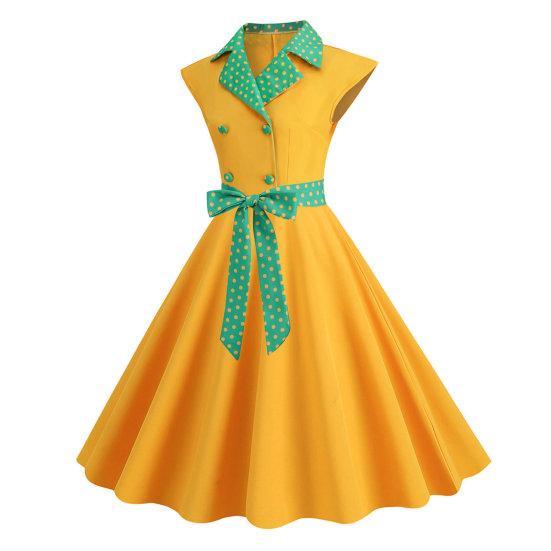 Элегантное женское платье с воротником в горошек и бантом на талии. Милый стиль, повседневное вечернее платье без рукавов с узкой талией. Тонкое женское платье средней длины.