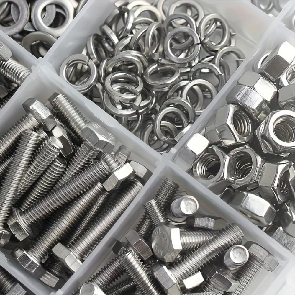 560-piece stainless steel hex bolt, nut, spring, and washer set, M3, M4, M5, and M6, lengths ranging from 10mm to 40mm.