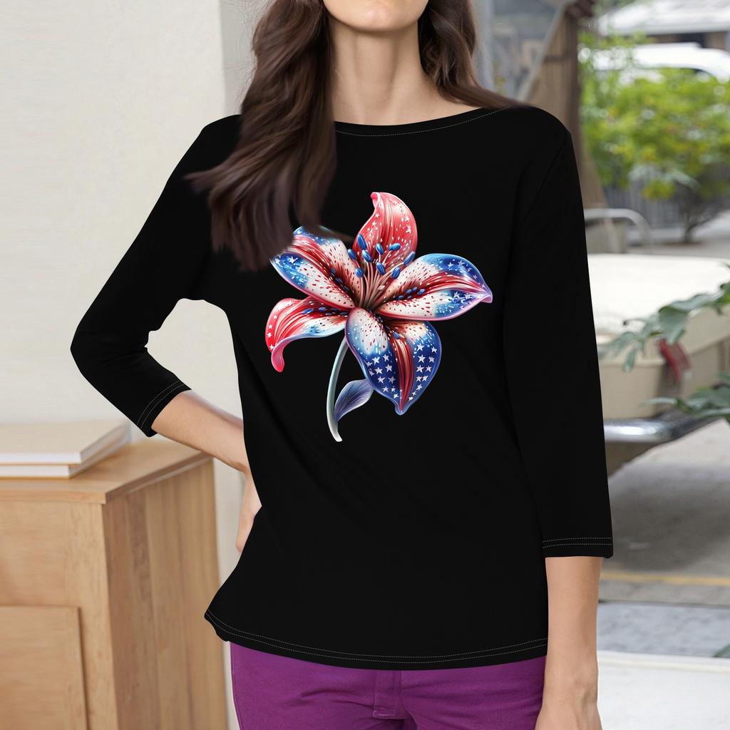 3/4 Sleeve Tops For Women T-Shirt Casual Print Tops T Shirt Round Neck Pullover Blouse