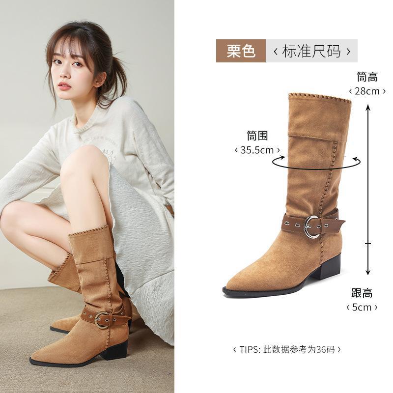 Augustine pointed western cowboy boots women's 2025 new retro maillard style brown long tube knight boots