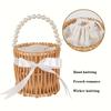 1pc Rattan Storage Basket - Pearl & Ribbon Organizer for Weddings/Home | Handwoven Wicker with Fabric Lining