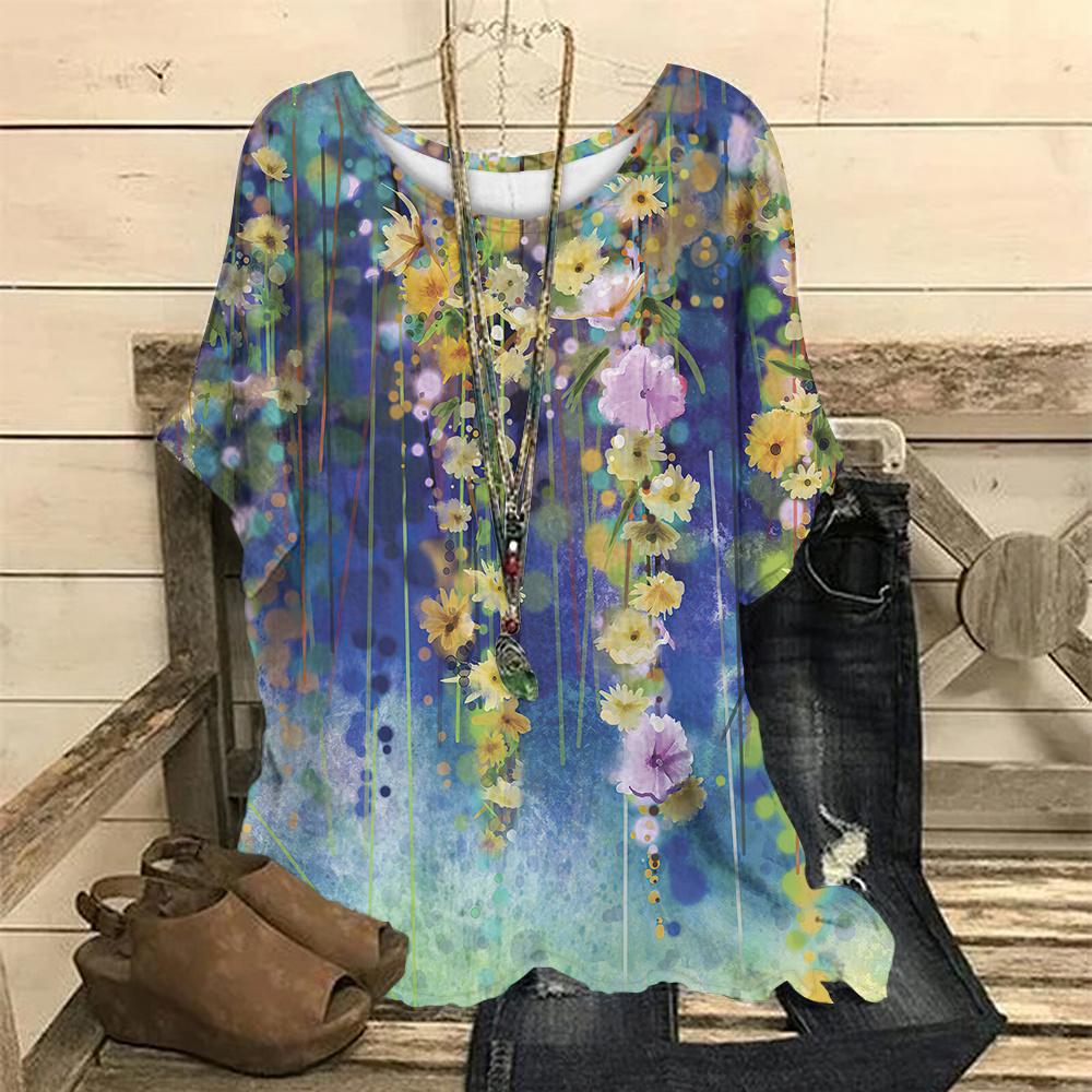 Женские футболки с круглым вырезом, ретро-цветочные принты, повседневные пуловеры, свободные футболки с короткими рукавами, женская модная одежда на лето