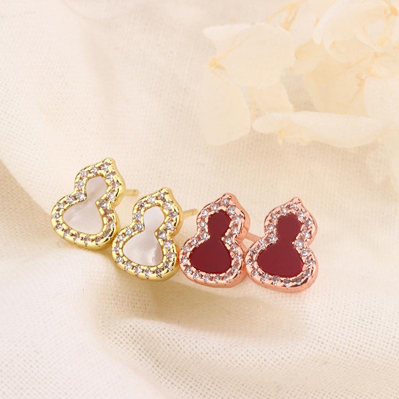 925 Silver 14K Gold Gourd Earrings With Red Agate White Mother Of Pearl And Pave Diamonds Elegant Dangle Earrings For Women