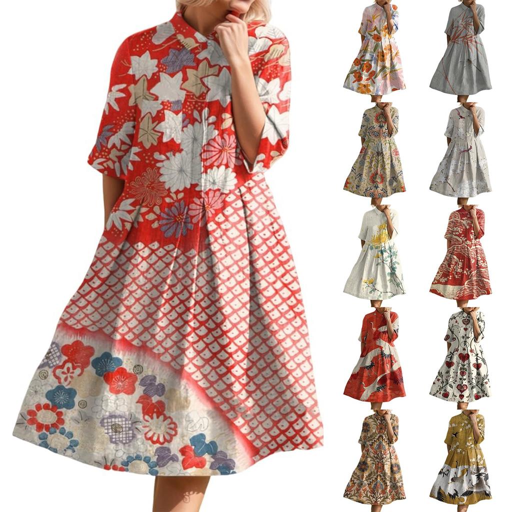 Dress For Women Elegant Casual Smocked Button Lapel Short Sleeve Knee Length Dress