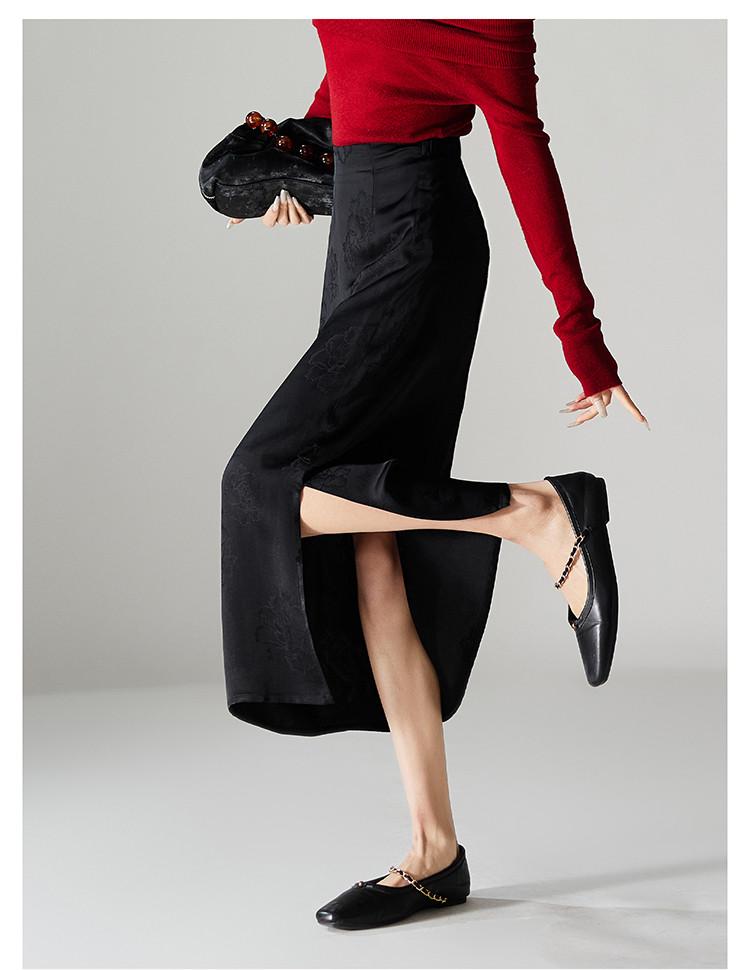 National style jacquard high waisted split skirt 2026 Spring and Autumn temperament commuting versatile mid length straight tube skirt