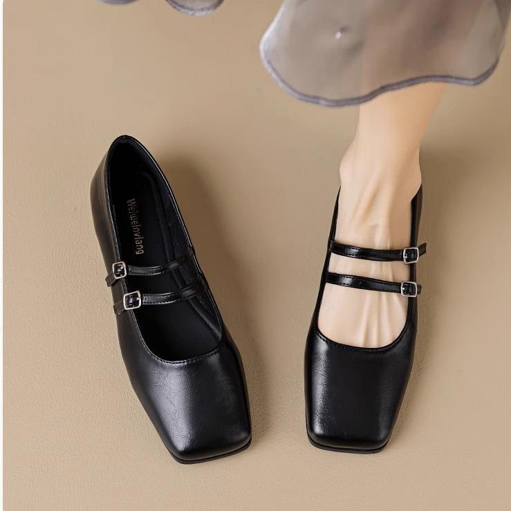 Square head flat bottom silver ladyshoes women's 2025 summer thick heel French retro one-word buckle with soft sole Muller single shoes women