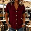 Женские хлопково-льняные топы Яркие цвета Короткий рукав Приталенная блузка Повседневная летняя весенняя блузка V-образный вырез Лацкан Верхняя пуговица Блузка для повседневной носки